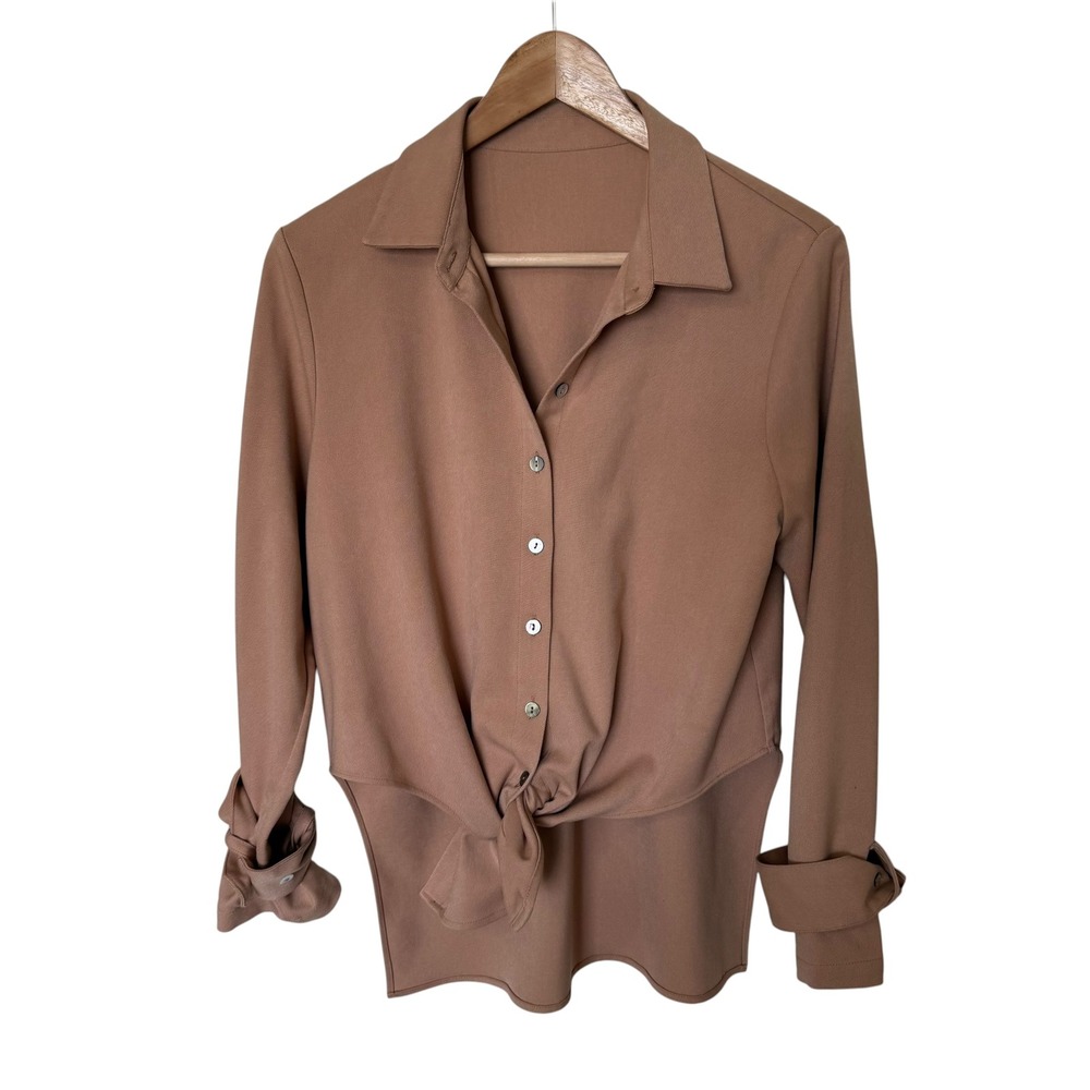 Unbranded Front Tie Button Up Blouse Womens Size 38 Tan Long Sleeve Excellent